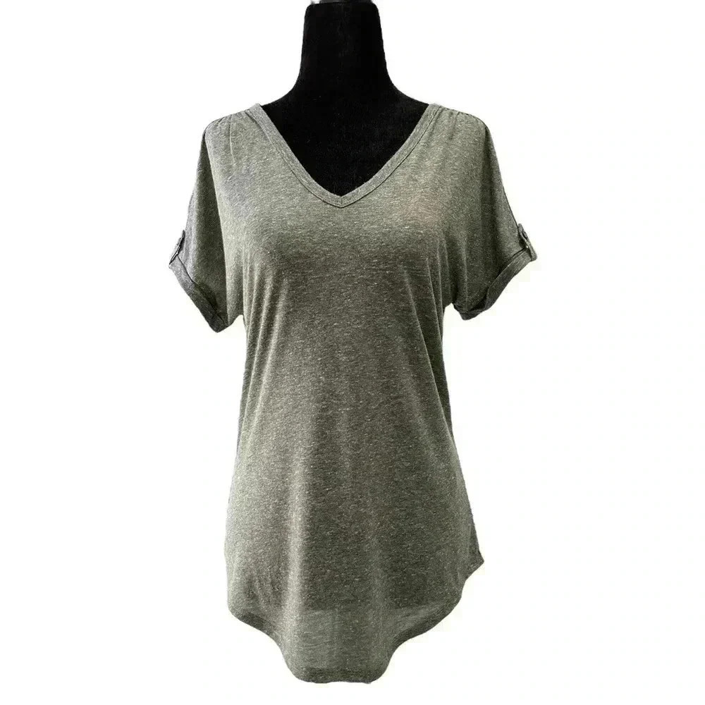 Ricki’s Linen Blend T-Shirt Loose Fit V Neck Short Sleeve Moss Green Size XS